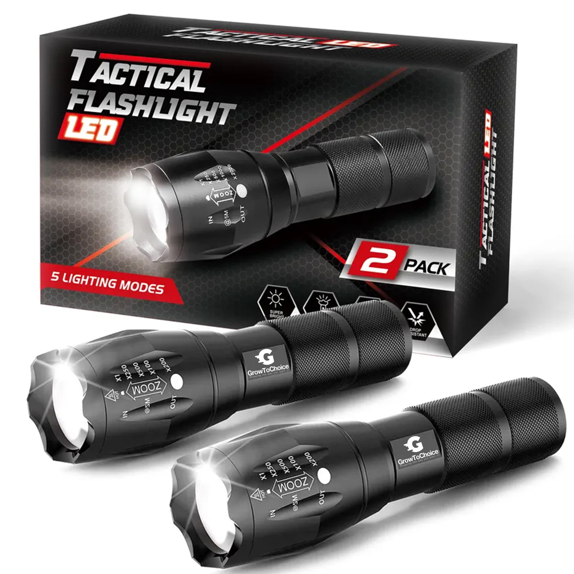 Rechargeable LED Flashlights Camping Gear High Lumens, 5 Lighting