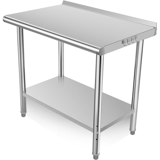 YUSAZENS 36 x 24 x 35 Inch Double Layer 0.7mm Thick Stainless Steel Workbench, Stationary Utility Table with Side Hooks, No Casters, with Rear Back Panel