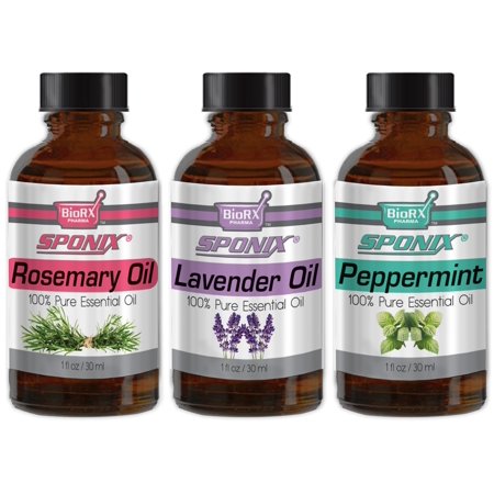 Essential Oil Lavender, Rosemary & Peppermint - Aromatherapy ( 3 x 30 mL / 1 fl oz ) - Gift Set of 3 Made with 100% Pure Therapeutic Grade Essential Oils by Sponix Made in USA (FAST SHIPPING)