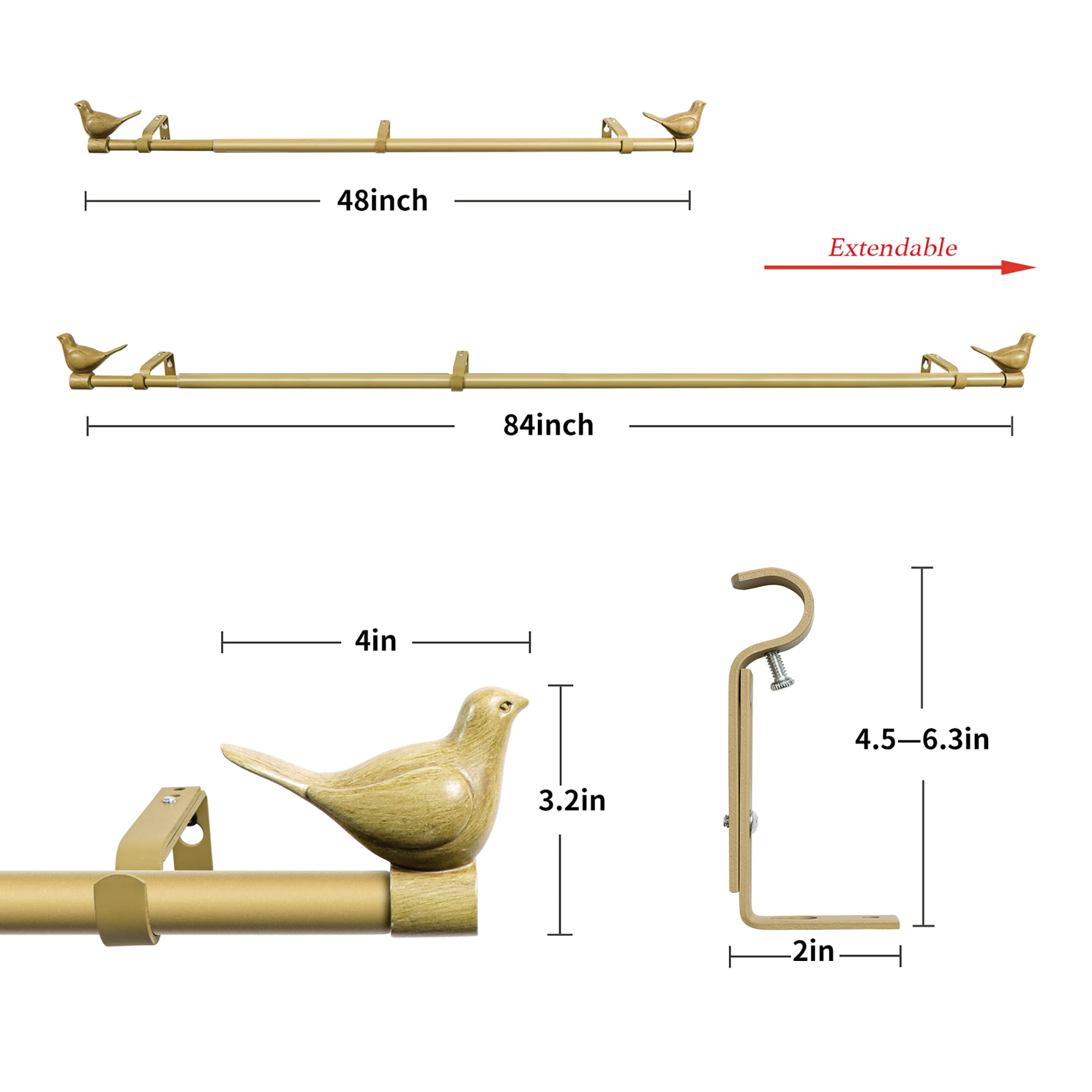 MERIVILLE 3/4" Diameter Farmhouse Single Window Treatment Curtain Rod, Bird Finials, 48"-84", Cottage