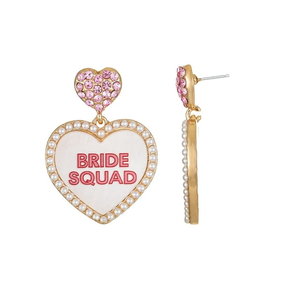 Packed Party Goldtone Bride Squad Heart Earrings, Female, Bridal Theme, 1 Pair