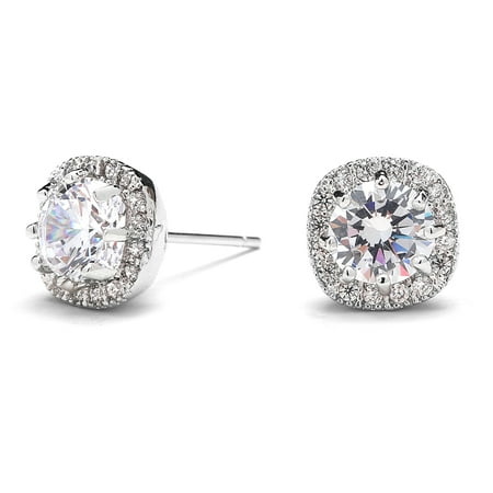 Mariell Cubic Zirconia Stud Earrings with 10mm Cushion Shaped Halos - Round-Cut CZ Solitaire Pave Studs