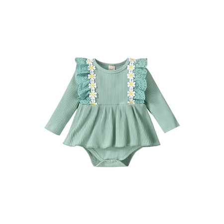 

Herdignity Newborn Ribbed Ruffle Playsuit Baby Girls Long Sleeve Round Neck Decorative Flower Romper