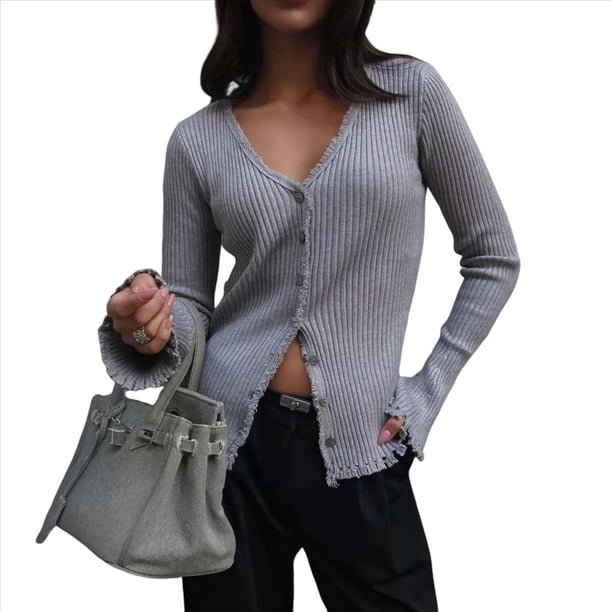 Suéter Abierto para Mujer, Cárdigan Corto de Punto con Botones y Larga, Abrigos Gruesos y Holgados. Gris S