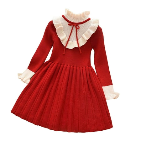 

Qufokar Babies Clothing Little Girls Tan Sweater Babys Kids Toddler Girls Solid Spring Winter Ruffled Long Sleeve Knit Sweater Princess Dress Clothes