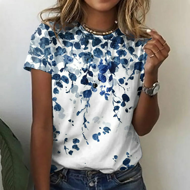 YANHOO Summer Women Tops Fashion Floral Print Short Sleeve Shirt Casual  Crew Neck Comfy Shirt Top Loose Cute Tunic Shirt 