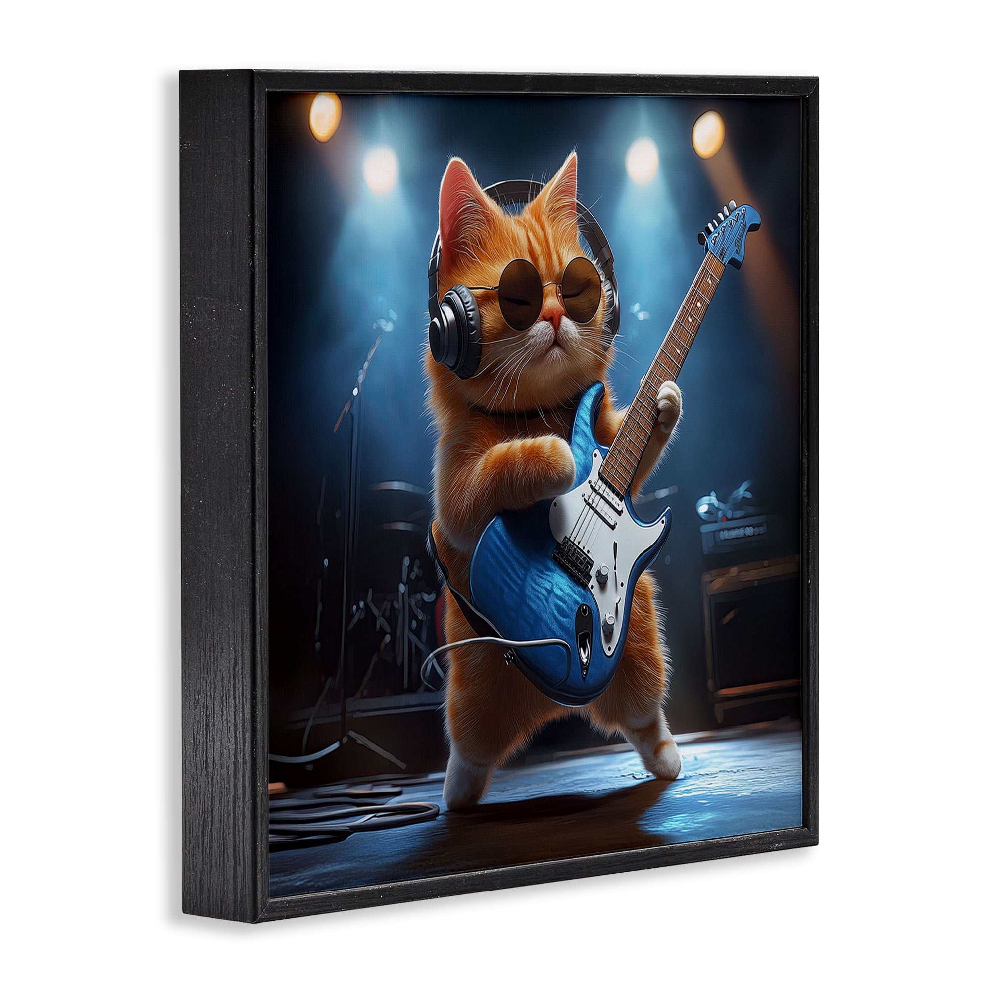 Cat Guitarist in Band Black Framed Giclee Art, design by Jim Baldwin