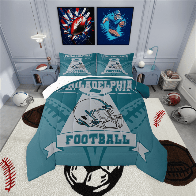 Erosebridal Rugby Bedding King Comforter Set for Boys,Geometry Sport Bedding Sets King with Comforter,Football Gaming Decor,Reversible,Lightweight,3 Pieces