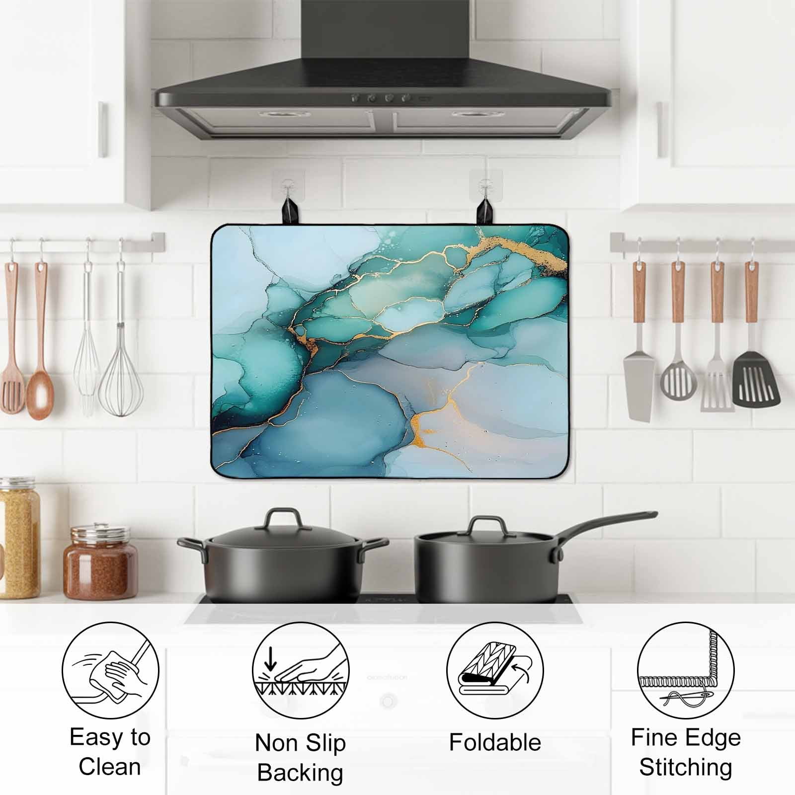 Turquoise Gold Marble Stove Top Cover for Electric Stove, Heat-proof & Non Slip Glass Top Stove Cover Protector, Abstract Teal Modern Geometric Kitchen Flat Cooktop Rubber Mat 24x21 Inches