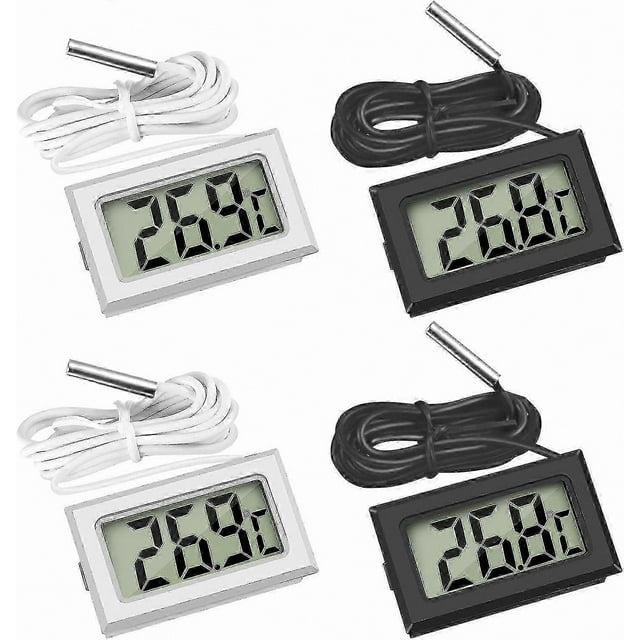 4-pack digital lcd thermometers with waterproof probe for fridge, freezer, and aquarium use conjunto de 4 termómetros digitales LCD con sonda metálica impermeable y cable de 100 cm; dos carcasas blancas y dos negras, pantallas mostrando 26.9°C, diseño compacto y resistente a la humedad, adecuado para refrigerador, congelador o pecera.