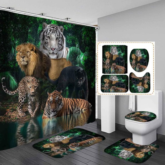 4PCS Lion Shower Curtain Set, Lion Couple Royal Blue Rose Floral African Wildlife Safari Wild Animal Bathroom Decor, Waterproof Fabric Shower Curtain, Non-Slip Bath Mat Toilet Rug
