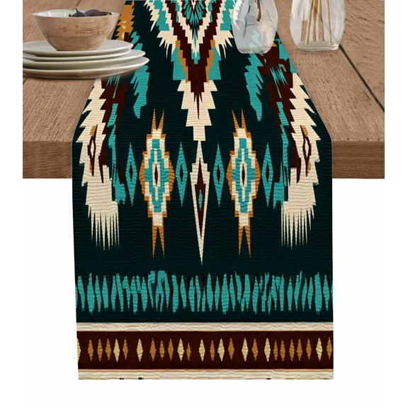 Teal Southwest Aztec Table Runner-Cotton Linen- 108 Inch Holiday Dresser Scarves, Turquoise Brown Geometric Tribal Tablerunner for Kitchen Coffee/Dining Bedroom Living Room Dinner Scarf Décor 13x108