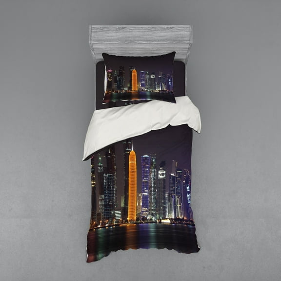 Ambesonne Urban Bedding Set 3 Pcs, Qatar Middle East Town, Twin, Charcoal Grey Orange