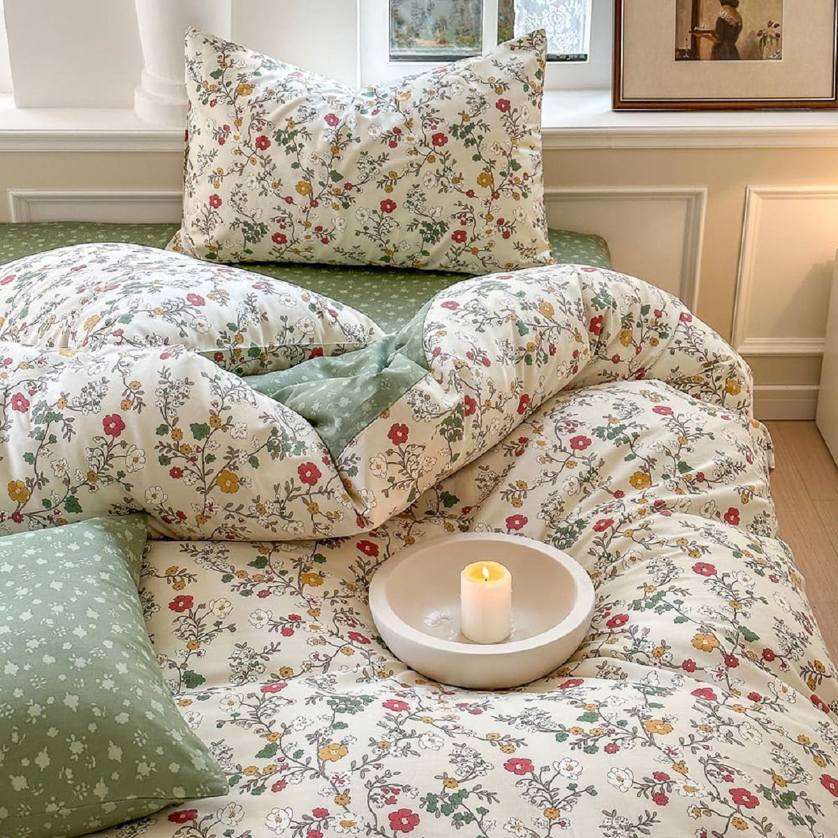 3 Pieces Floral Duvet Cover Full Size 100% Cotton Green Red Flowers Leaves Printed Comforter Cover Soft Breathable Spring Bedding Set with Zipper Closure