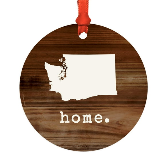 US State Round Metal Christmas Ornament, Rustic Wood Print, Washington, Includes Ribbon and Gift Bag