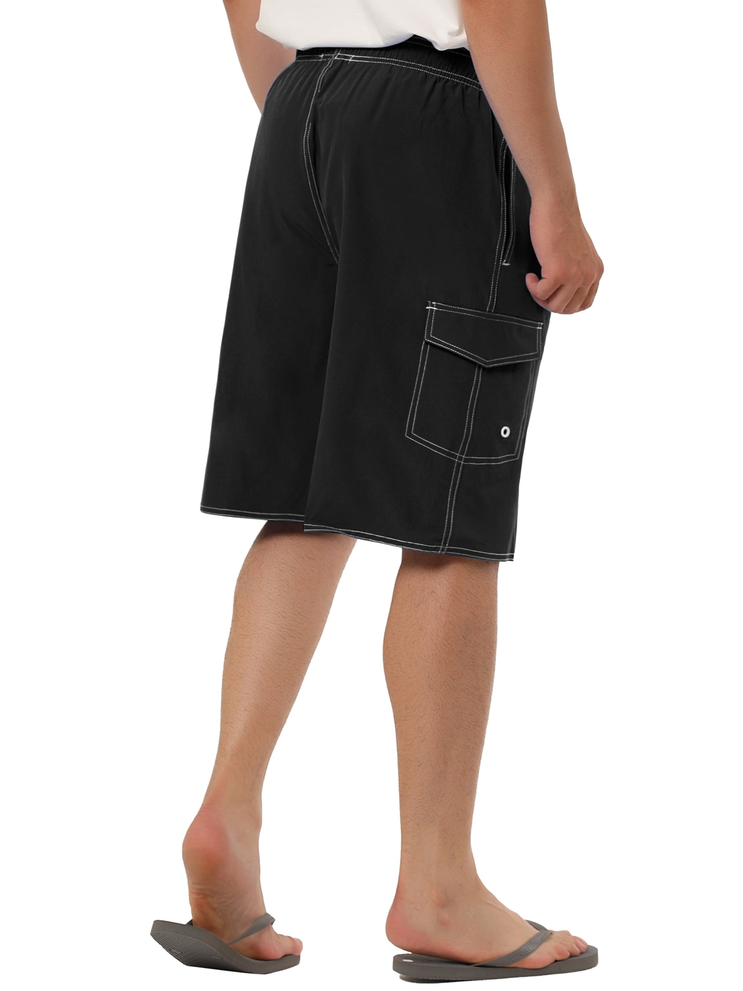 Unique Bargains Men's Casual Holiday Solid Color Elastic Waistband Beach Board Shorts 28 Black