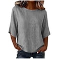 thumbnail image 2 of TGSLY Women's Stripes Linen Tops Lightweight Soft Crew Neck Elbow-Length Sleeve Blouses Relaxed Fit Dressy Casual Curved Hem Shirts XL, 2 of 9