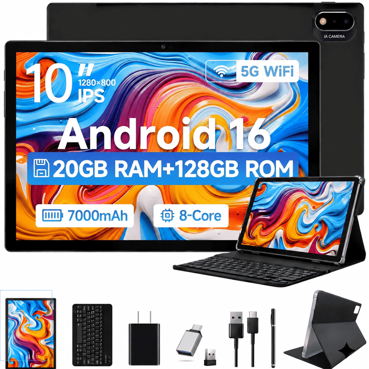 Android 16 Tablet,10inch Tablet with 128GB ROM 20GB RAM,5G WiFi,8-Core MTK6769,GPS,Face Unlock,2 in 1 Tableta with Keyboard,School Tablets