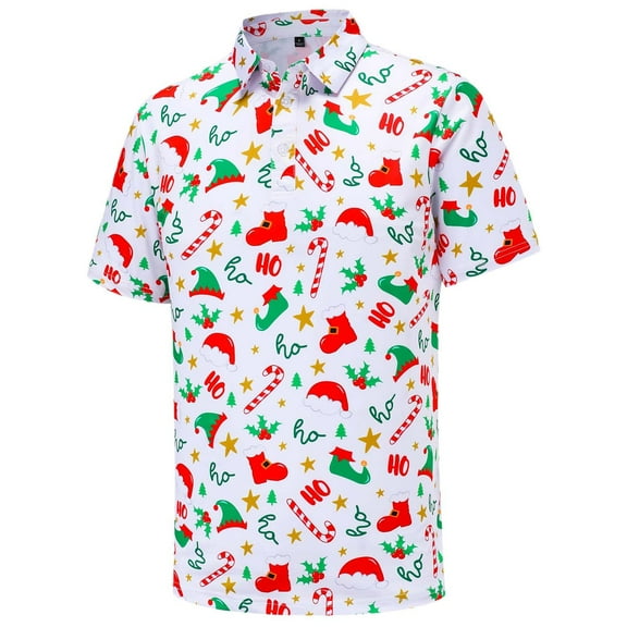 Mens Christmas Shirts Funny Performance Wicking Athletic Short Sleeve Mens Knit Polo,White,3XL