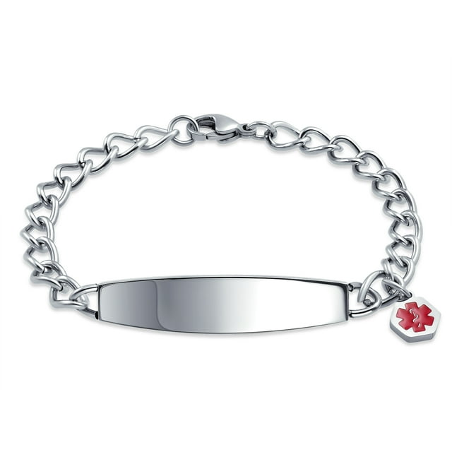 Identification Tag Medical ID Bracelet Engravable Miami Cuban Chain for Women Men Silver Tone Stainless Steel 8 Inch