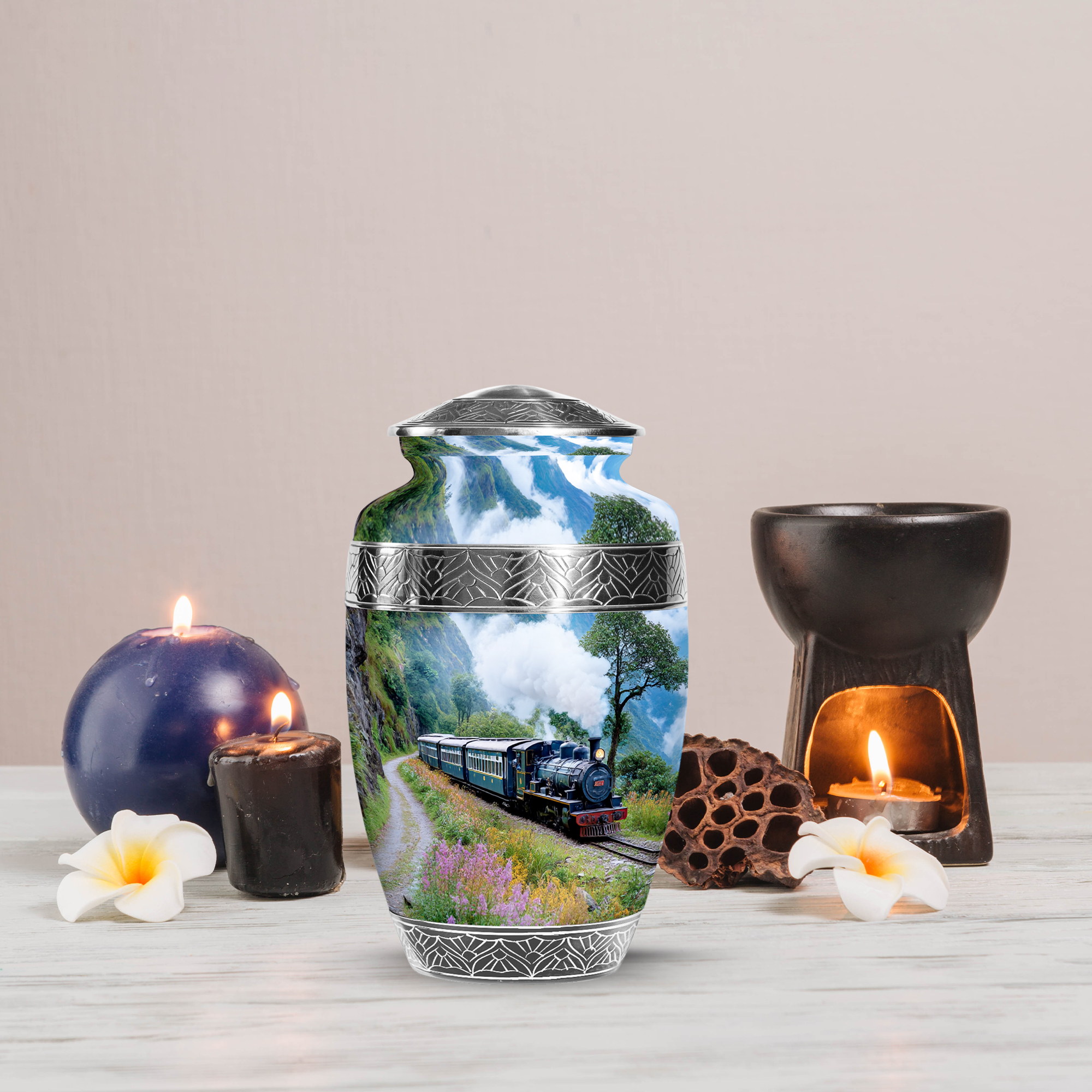 MUKTIVE Train Burial Urns for Adult, Funeral Mountain Urns for Human Ashes Adult Male & Female, Decorative Pink Flower Cremation Gift Urn, Large Memorial Urn for Ashes for Mom & Dad, 10 Inch (Grey)