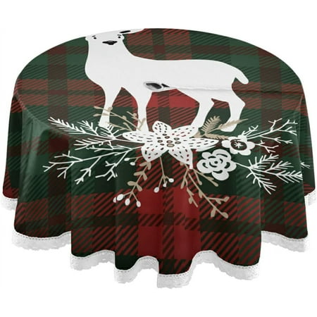 

SKYSONIC Christmas Reindeer Plaid Tartan Round Tablecloth 60In Waterproof Round Table Cloths with Umbrella Hole and Zipper Party Patio Table Covers for Outdoor Backyard /BBQ/Picnic