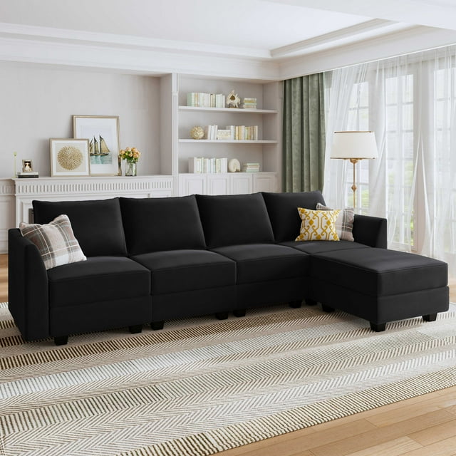 HONBAY Canapé Sectionnel Moderne en Velours avec Sièges de Rangement, Sofa en L, Noir