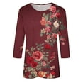 thumbnail image 5 of Htigea Ladies 3/4 Sleeve Crew Neck T Shirt Flower Print Tees Casual Comfy Pullover Top Summer Fall Spring Tshirts Red,XL, 5 of 5