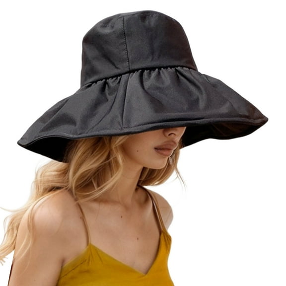 AWZXDE Women's Simple Solid Color Sun Hat With Wavy Brim Design Fashion Casual Packable Round Straw Hat For Outdoor Travel and Foldable Convenience Black,One Size