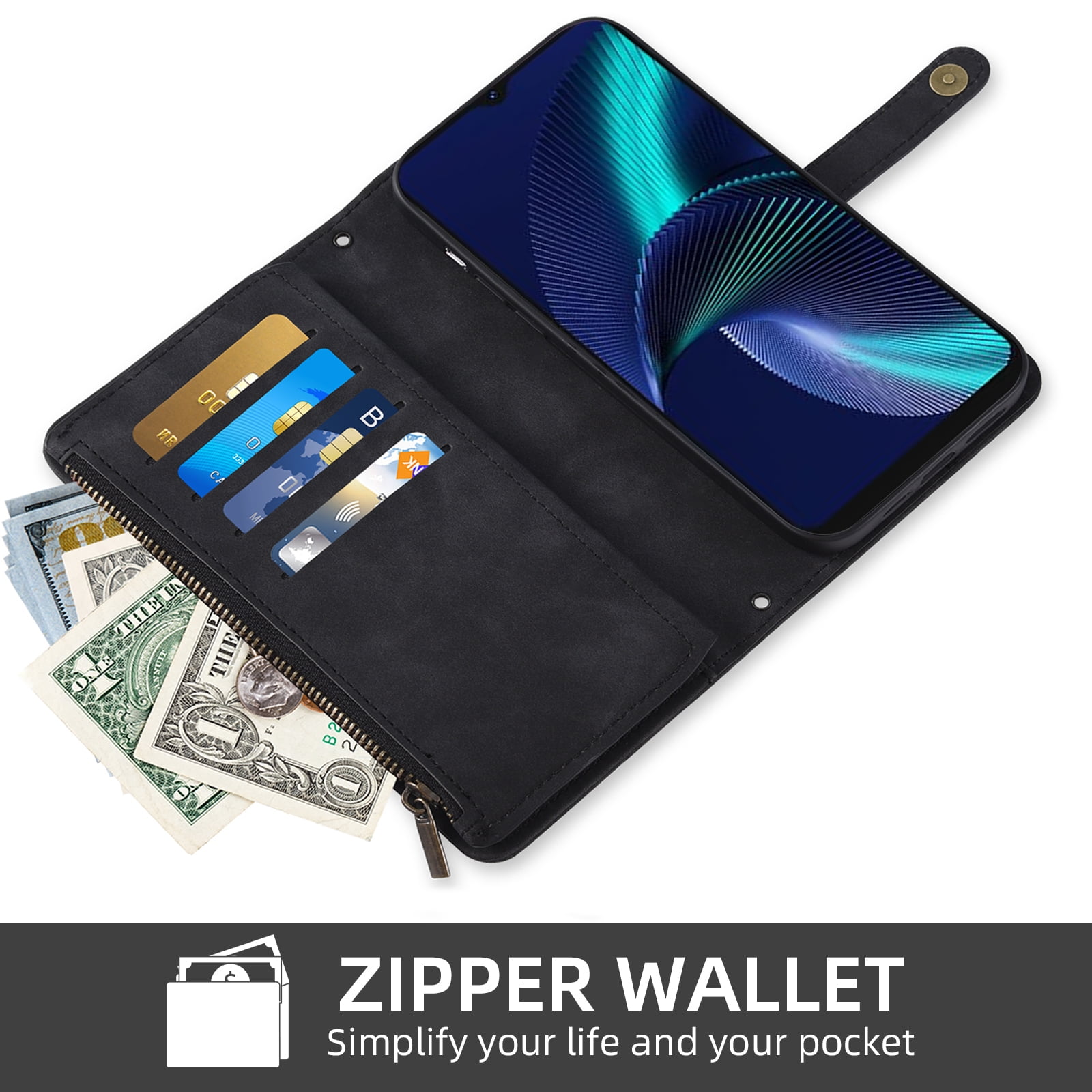 Asuwish Phone Case for Tracfone BLU View Speed 5G Wallet Cover With Tempered Glass Screen Protector Crossbody Wrist Strap Flip Pattern Zipper Credit Card Holder Cell BLUE ViewSpeed B1550VL Men Black