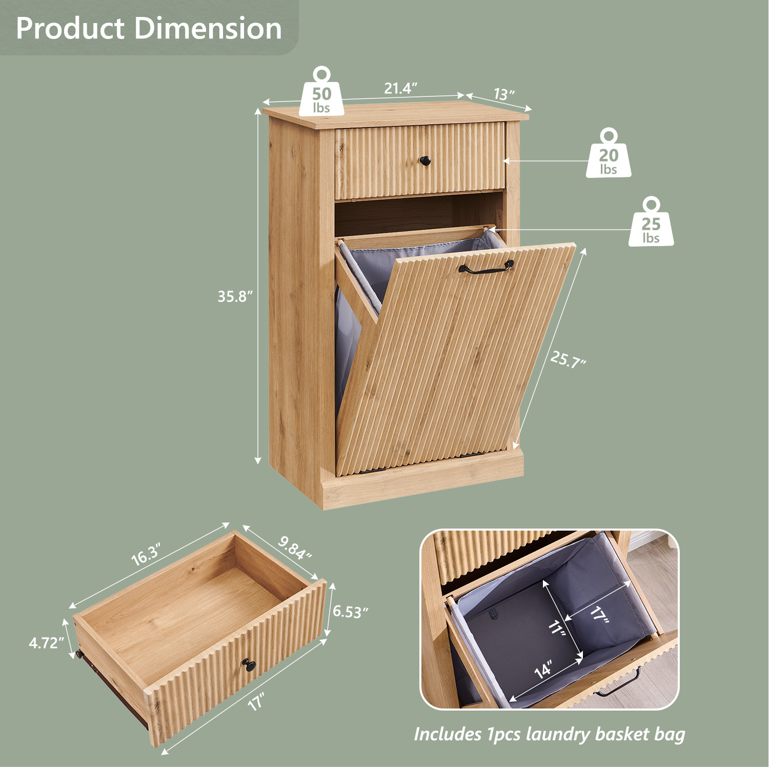 IFGET Fluted Tilt-Out Trash Can Cabinet, 10 Gallon Wood Hidden Garbage Can Cabinets with Storage Drawers, Laundry Hamper Cabinet for Bathroom, Kitchen