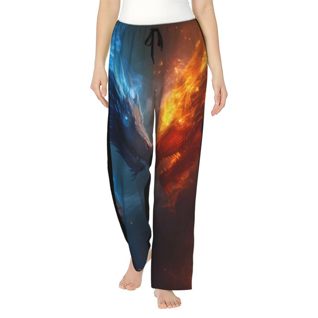 Fotbe Red And Blue Fire Dragon E Pantalones de Pijama para Mujer, Pantalones de Dormir, Pantalones Pj con Cordón y Bolsillos-3X-Large