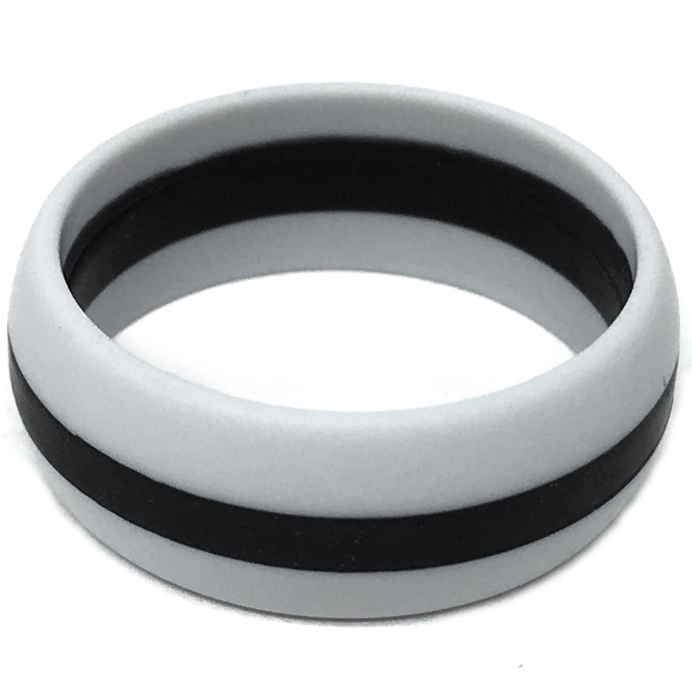 FSR - FLEXIBLE SILICON RINGS - 8MM Men or Ladies Flexible Gray with Black Stripe Silicon Rubber Wedding Band Ring