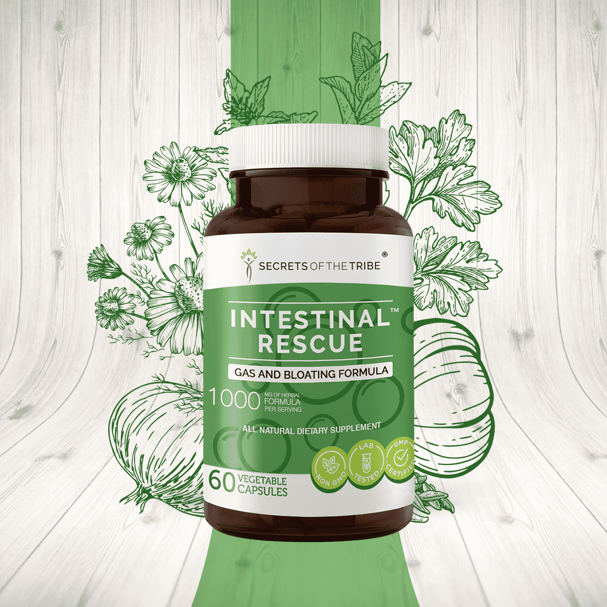 Secrets of the Tribe Intestinal Rescue Capsules Dietary Supplement, Natural Herb Blend, Made from Parsley, Chamomile, Caraway, Garlic, Onion, Peppermint 60 Count