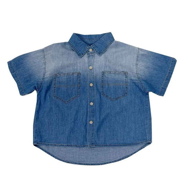Hiiyo Toddler Boys Denim Shirt Gradient Short Sleeve Button Down Shirt, Blue