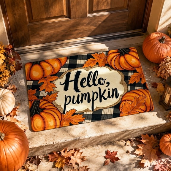 Beautynvta Hello Pumpkin Fall Doormat, Non-Slip Absorbent Front Door Mat, Autumn Pumpkin Printed Floor Rug for Thanksgiving Harvest Porch Entryway Decor