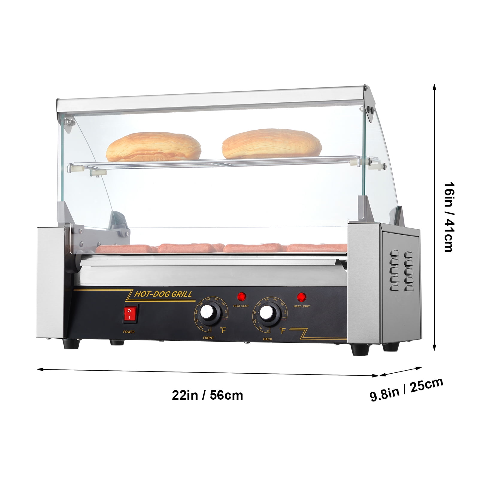 KFFKFF Commercial Hot Dog Roller Grill, Stainless Steel Sausage Grill Cooker Machine with 5 Rollers, for 12 Hot Dogs, 750W, Dual Temperature Control, Bun Warming Rack, Detachable Oil Drip Pan