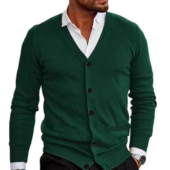 Dwelliawo Sweaters for Men V Neck Casual Button Down Knitted Sweater Wool Cardigan Sweaters Long Slevee Lightweight Sweater with Pockets Autumn Clothing Dark Green L