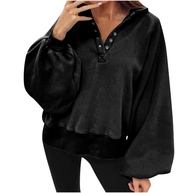 Timegard Sweatshirts Oversize pour Femmes Manches Longues Bouton Col à Revers Pull-Over Automne Hiver 2024 Hauts Amples