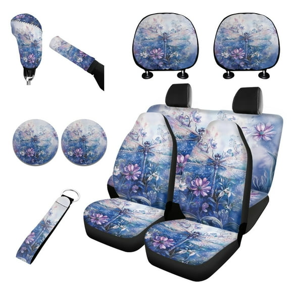 Renewold Dragonfly Flower Blue Violet Car Seat Cover Full Set 11 PCS, with Front Back Seat Covers Keychain Headrest Cover Cup Coasters Handbrake Cover Gear Shift Cover Car Accessories for Women Men