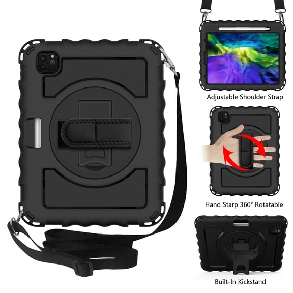 For Apple New iPad 9.7 inch /iPad 9.7 inch Hybrid 3in1 Armor Rugged with Built-in Kickstand 360° Rotatable Stand & Shoulder Hand Strap Corner Shockproof Case Cover [Black]