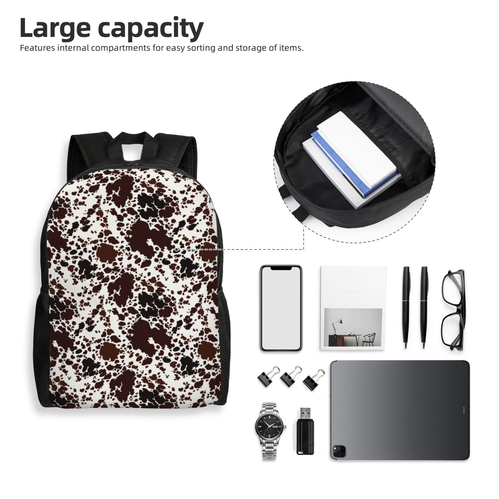 Defioc Cow Skin Print Backpack -Travel,or Work Bookbag Daypacks with 15-Inch Laptop Sleeve and Dual Water Bottle Pockets