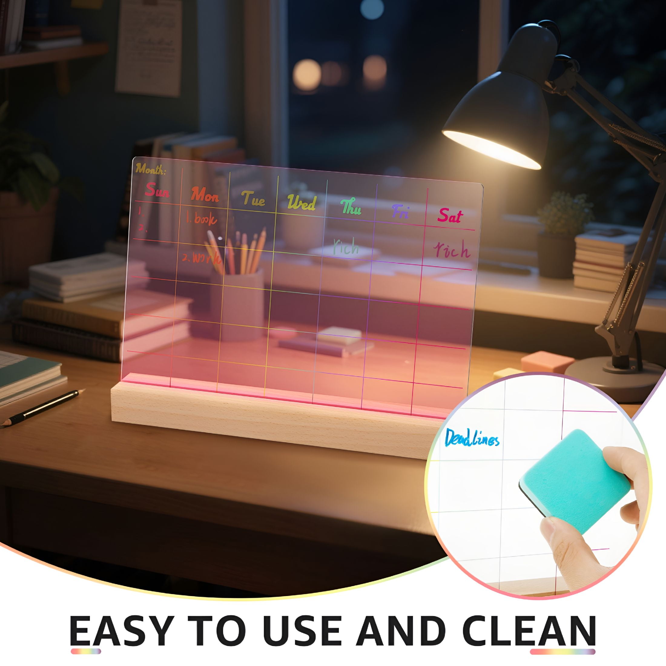 CCOCC 2026 New Dry Erase Calendar Reusable Acrylic Desk Calendar with Wood Base Light Up Dry Erase Board for Office Home Bedroom Holiday