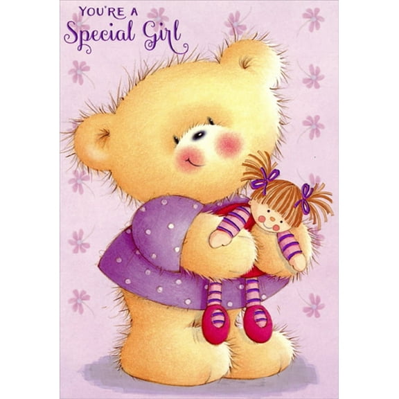 Designer Greetings Bear with Purple Shirt Holding Doll Juvenile : Kids Birthday Card for Young Girl