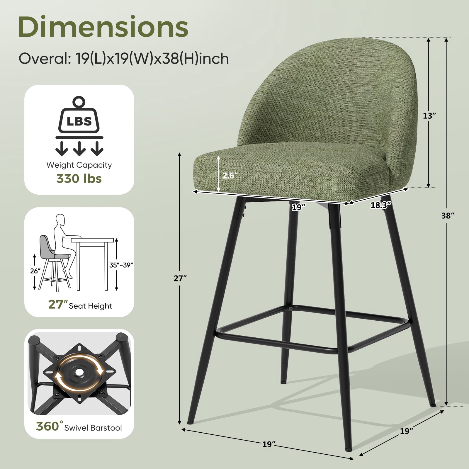 JULY'S SONG Counter Height Bar Stools with Back Sets of 4, 360°Swivel Upholstered Barstools with Metal Legs, 27" Seat Height Bar Stool for Kitchen Island, Green