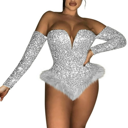 GZWYHT Rompers for Women Women s Jumpsuits Women s Zipper Offshoulder Sequin Velvet Long Sleeve Bodysuit Body Suit Tops Long Sleeve Romper Jumpsuit for Women Silver XXL
