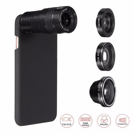 5in1 Phone Camera Lens Kit 9X Telephoto + 0.63X Wide-angle + Macro + Fisheye Lens Set with Cover Case For iPhone 7