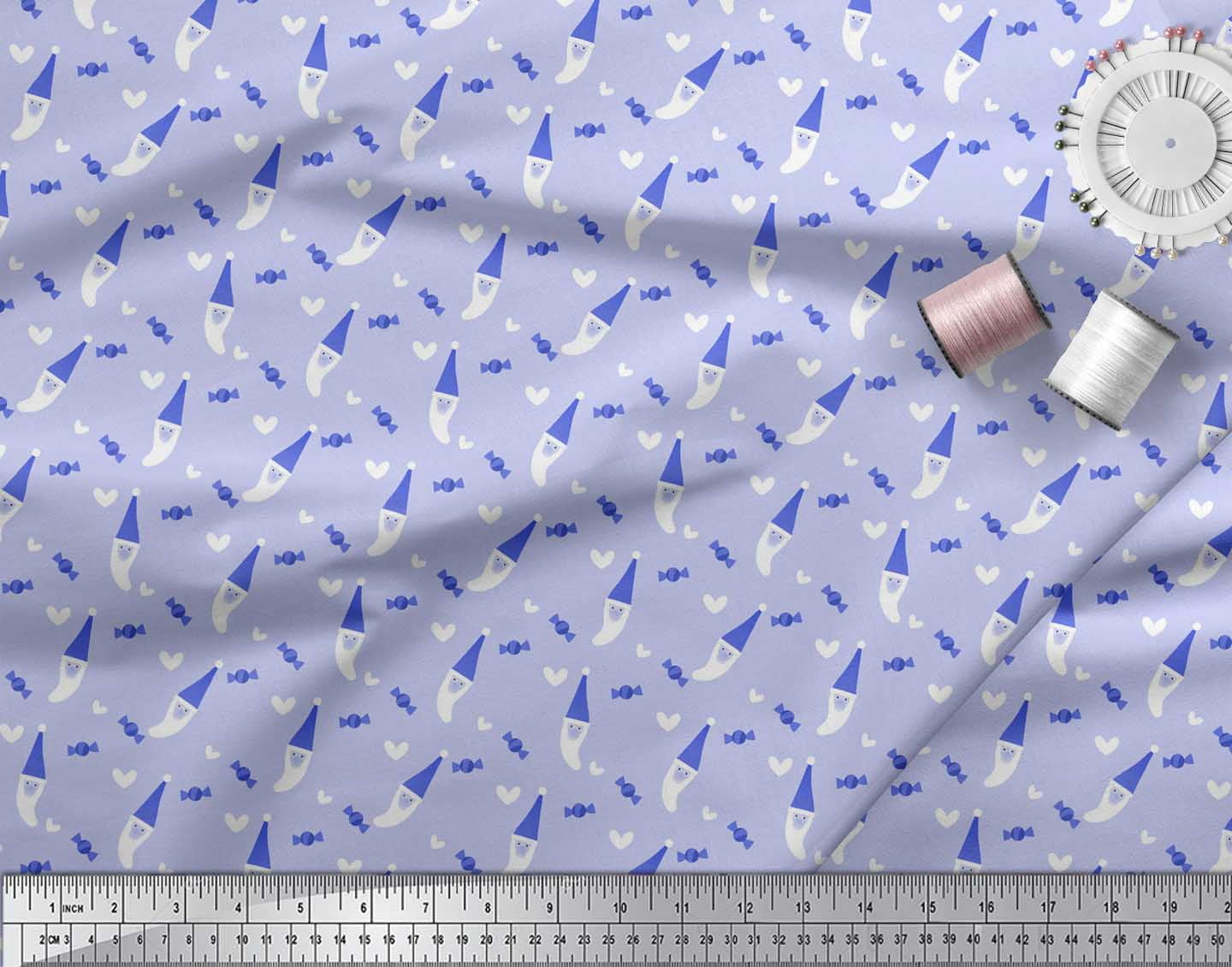 Soimoi Blue Rayon Crepe Fabric Heart,Candies & Santa Face Christmas Decor Fabric Printed Yard 46 Inch Wide