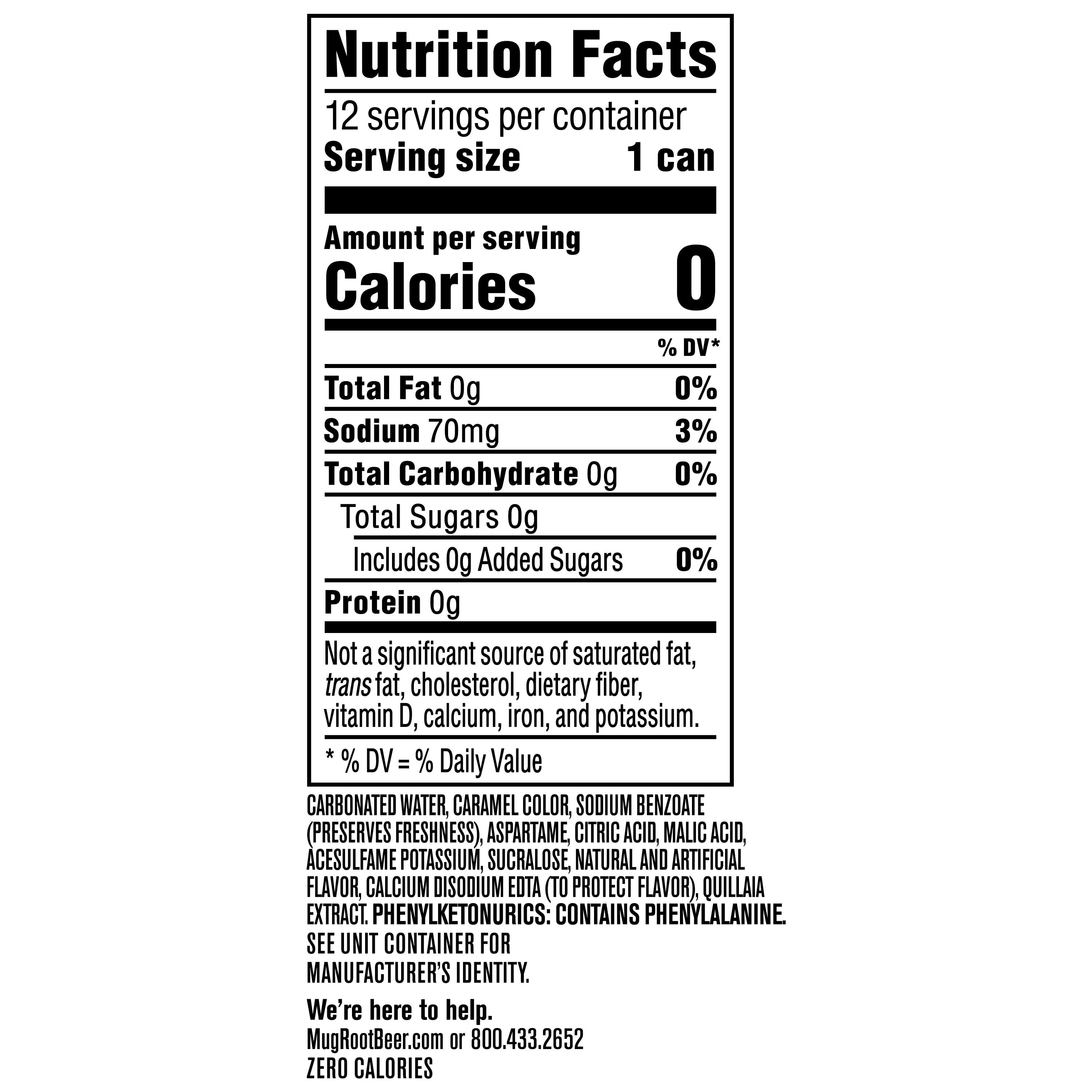 Mug Zero Sugar Soda Root Beer, 12 fl oz, 12 Count