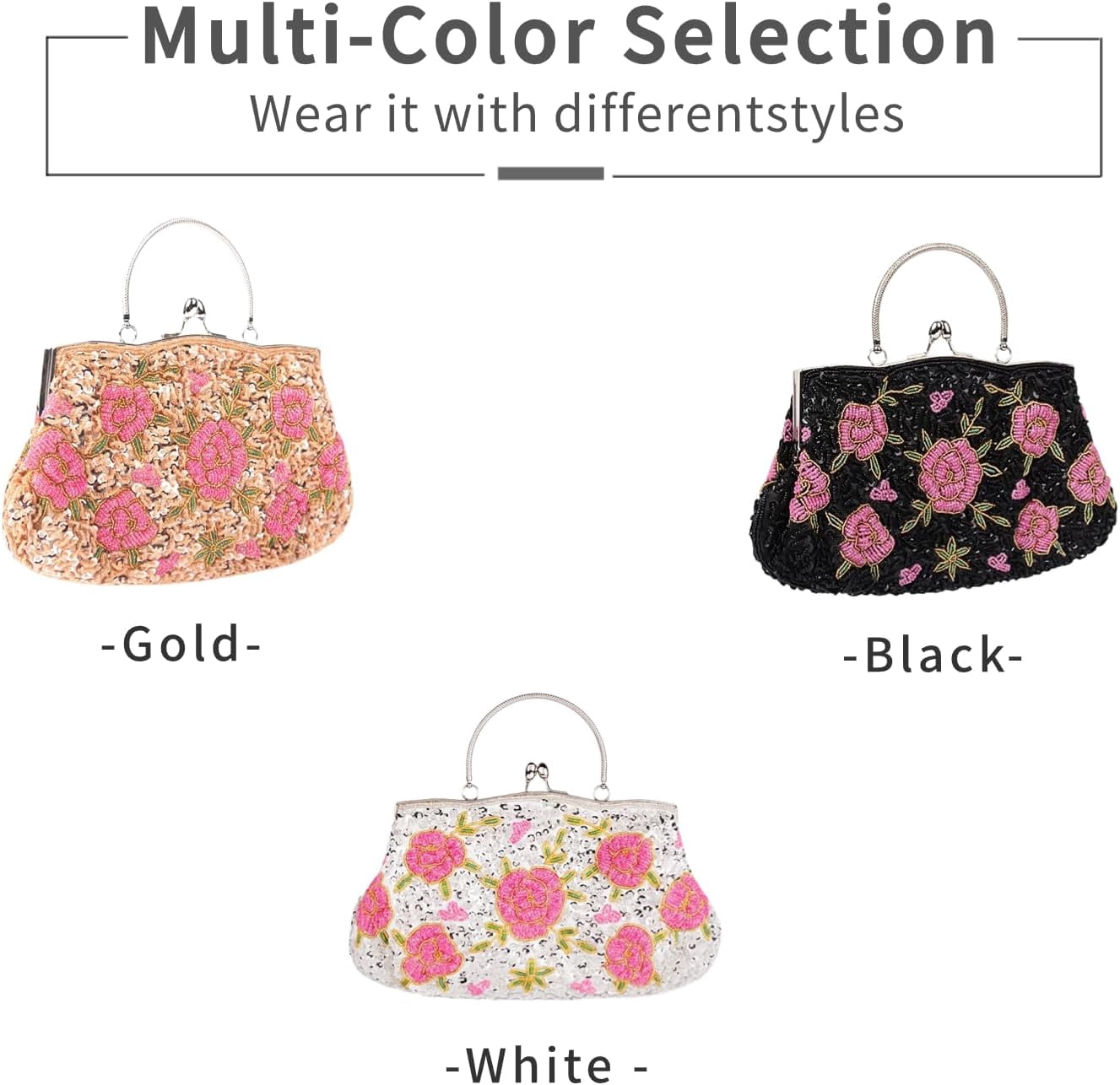 Women's Floral Beaded Embroidered Clutch Purse with Sequins and Detachable Chain - Elegant Evening Bag for Wedding Party